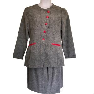 Vtg 3 Piece Pant / Skirt Suit Gray & Red Size 12